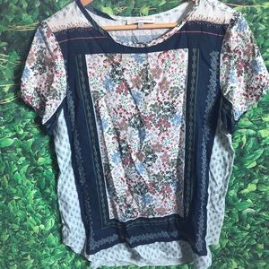 Lavender Brown Floral Print Short Sleeve Blouse Size Small